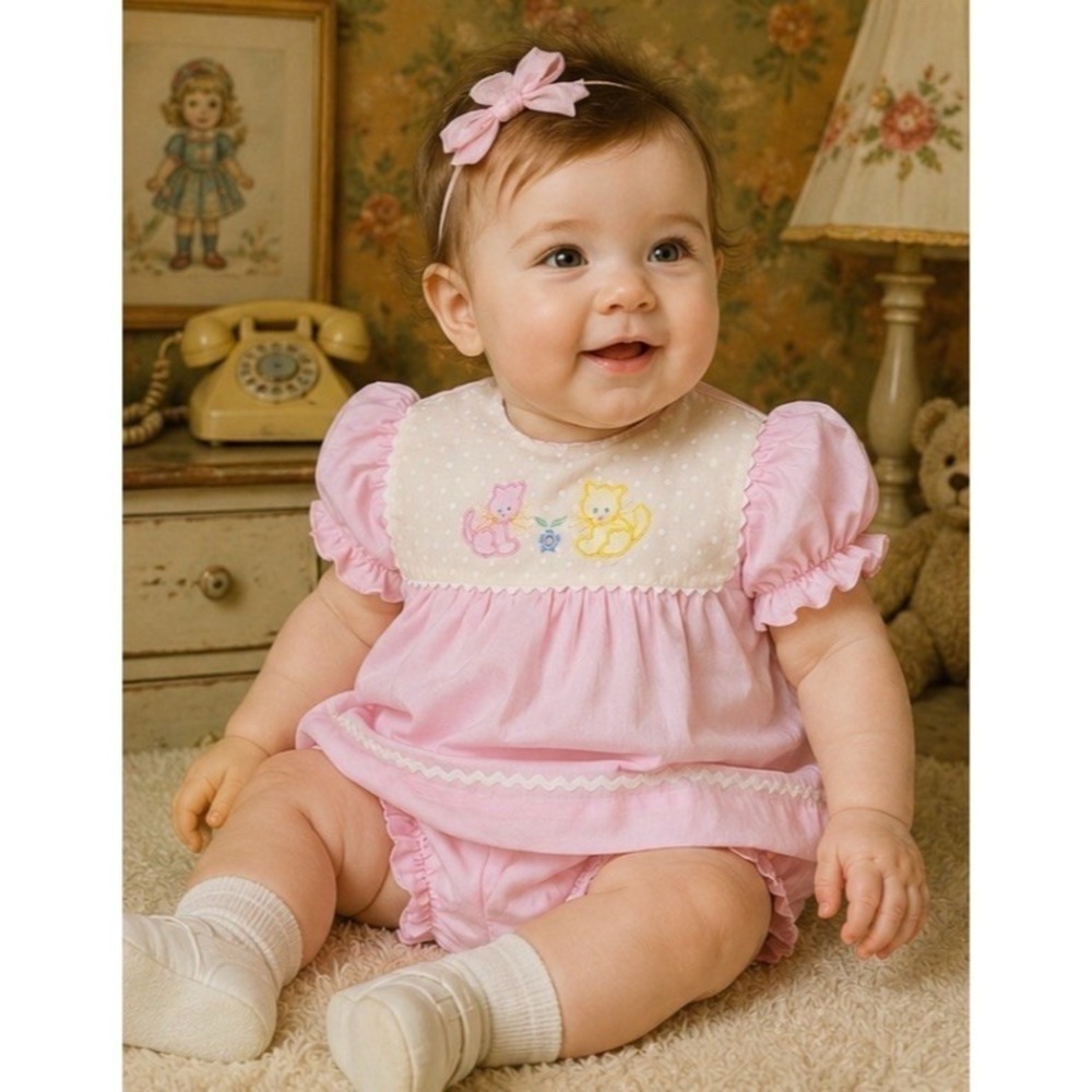 Carriage Boutique Cradle Togs Cats Baby Girls Pink Dress Top‎ Bloomers 60's 70's